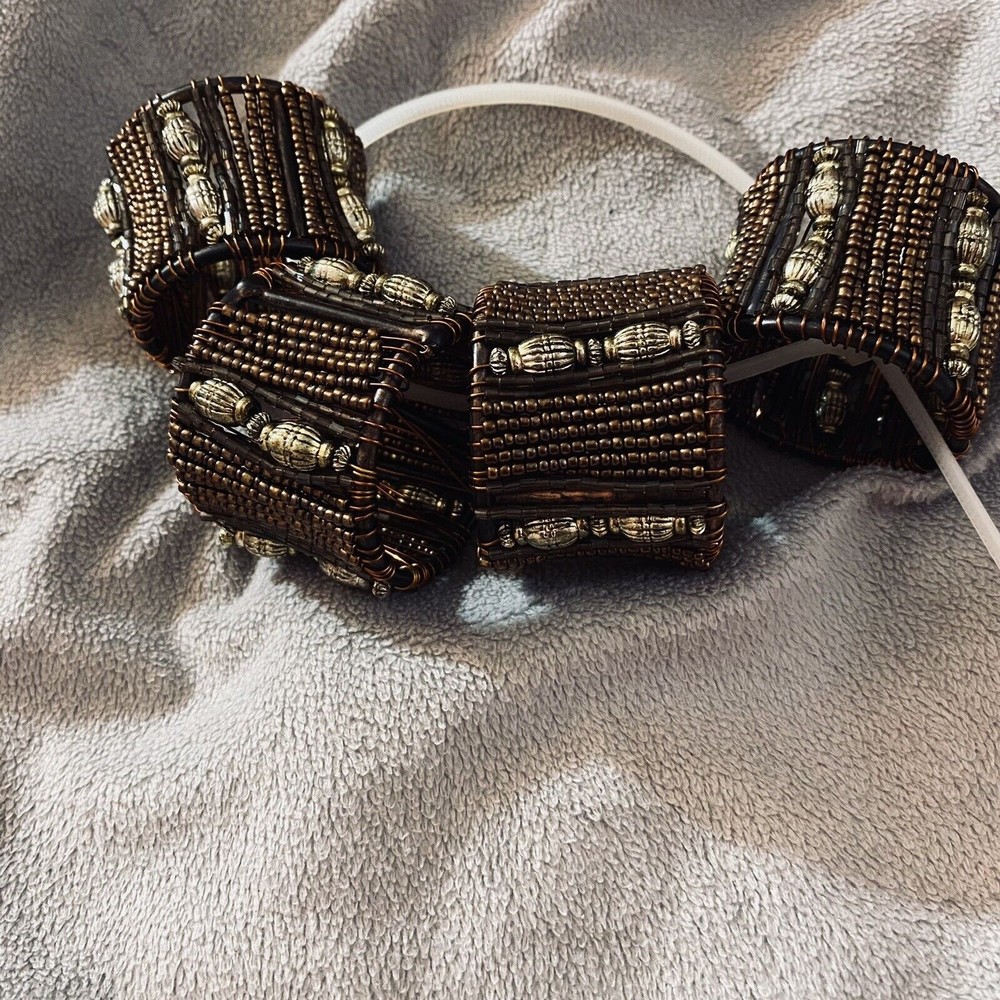 Set of 4 Vintage Hand-Beaded Napkin Rings With Bronze and Silver Colored Beads